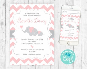 Elephant Baby Shower Invitation Elephant Pink Baby Shower Girl Invitation Pink Baby Shower Invite Printable Invitation Grey and Pink 105