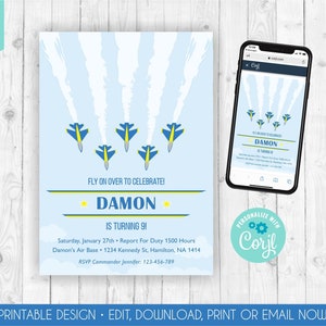 Air Force Birthday Invitation Jet Bithday Invitation Boy Angel Air Force Party Invitation Navy Template Printable Decor Blue and Yellow 328