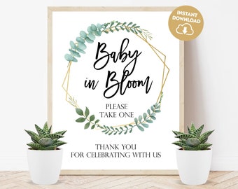 Baby in bloom sign printable succulent favors baby shower sign greenery sign seeds favors sign eucalyptus baby shower plant favors sign 323