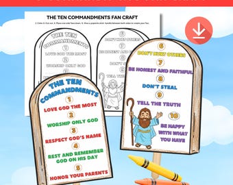 Ten Commandments Coloring Page for Kids Fan Craft Printable Bible Lesson Christian Sunday School Activity Bible Lesson Moses Activity Kids