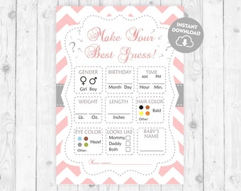 Baby shower predictions girl pink baby guessing game baby guesses printable game baby shower game girl baby shower guess weight height 105