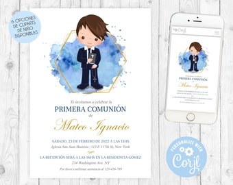 Invitacion de comunion niño azul editable primera comunion invitacion first communion boy in spanish comunion en español digital file 349