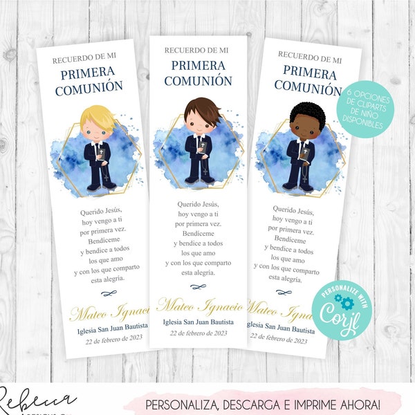 Señalador comunión tarjeta comunion niño editable recuerdo primera comunion niño invitacion first communion boy spanish bookmark favors 349