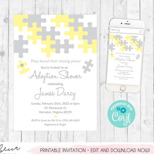 May include: A printable adoption shower invitation with a puzzle theme. The design features yellow and gray puzzle pieces, with the text "They found their missing piece!" and details for James Darcy's shower. A smartphone displays the invitation.