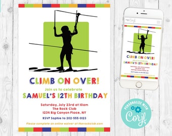 Ropes Course Invitation Obstacle Course Birthday Boy Zipline Invitation Rock Climbing Party Template Boy Parkour Birthday Invite Outdoor 303