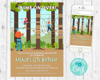 Obstacle Course Birthday Ropes Course Invitation Girl Zipline Invite Siblings Climbing Party Outdoor Adventure Birthday Twins Invite 303