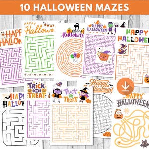 Op de afbeelding: Een verzameling van tien Halloween-thema doolhoven. Elk doolhof heeft een uniek ontwerp met Halloween-afbeeldingen, waaronder pompoenen, vleermuizen en geesten. De doolhoven zijn gedrukt op wit papier met kleurrijke tekst met "Happy Halloween" en "Trick or Treat".