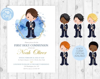 Digital first communion invitation editable boy communion invitation boy first communion template printable first communion party invite 349