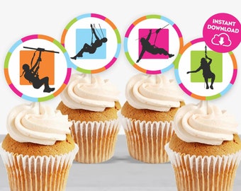 Zipline Cupcake Toppers Printable Girl Zipline Toppers Obstacle Course Birthday Toppers Zipline Party Decor Girl Zip Line Cake Toppers 303