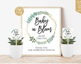 Baby in bloom tags and sign set greenery baby shower watch me grow tags succulent favors seeds favors printable baby shower favor tags 323