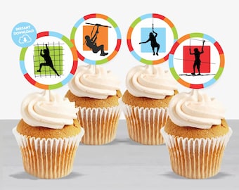 Obstacle Course Cupcake Toppers  Printable Zipline Cupcake Toppers Obstacle Course Birthday Decor Cake Topper Ropes Course Party Decor 303