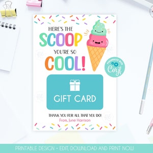 Aquí está la primicia: portatarjetas de regalo Tarjeta de regalo de helado editable Tarjeta de regalo imprimible Regalo para maestros Regalo de agradecimiento al personal Regalo del último día de clases