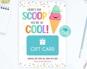 Here's The Scoop Gift Card Holder Editable Ice Cream Gift Card Printable Teacher Gift Staff Appreciation Gift Last Day of School Gift