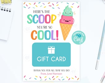 Here's The Scoop Cadeaukaarthouder Bewerkbare ijscadeaukaart Afdrukbare leraar cadeau Personeel waardering cadeau Laatste dag van school cadeau