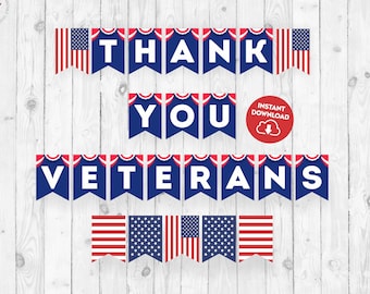 Puede incluir: Pancarta imprimible con banderas americanas rojas, blancas y azules y el texto "Thank You Veterans" en letras blancas sobre fondo azul. La pancarta es perfecta para una exhibición patriótica.