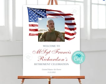 May include: A printable retirement sign with a red, white, and blue American flag in the background. The sign says "Welcome to MSgt Francis Richardson's Retirement Celebration" with the date "11.21.2022" and "United States Air Force".