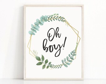Oh Boy baby shower sign printable greenery baby shower decoration baby shower decor sign oh boy sign leaves baby shower watercolor 323
