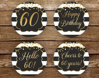 60th Birthday Cupcake Toppers Printable 60 Birthday Toppers Gold and Black Printable Black and White Party Cupcake Toppers 60 Birthday 231