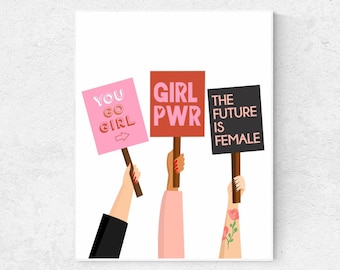 Feministisches Poster Mädchen-Power-Poster druckbares Mädchen-Power-Druck Frauen Illustration Wandkunst Mädchen-Power-Zeichen You Go Girl, die Zukunft ist weiblich