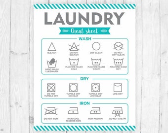 Laundry symbols printable sign laundry cheat sheet instant download laundry sign laundry wall art laundry print laundry room turquoise