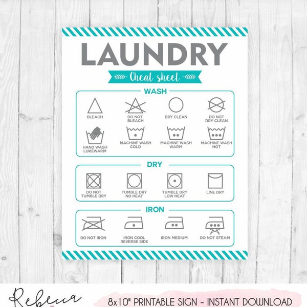 Laundry symbols printable sign laundry cheat sheet instant download laundry sign laundry wall art laundry print laundry room turquoise