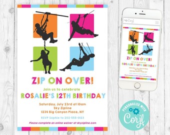 Zipline Invitation Girl Zipline Birthday Invitation Zip Line Party Invitation Girl Zip Line Birthday Ziplining Girl Adventure Birthday 303