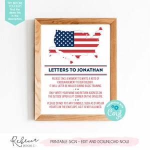 K&ouml;nnte beinhalten: Ein gerahmtes, druckbares Schild mit einer Karte der Vereinigten Staaten in Rot, Wei&szlig; und Blau, mit dem Text "Letters to Jonathan". Das Schild enth&auml;lt Anweisungen zum Schreiben von Briefen an einen Soldaten w&auml;hrend der Grundausbildung. Das Schild enth&auml;lt auch den Text "Printable Sign - Edit and Download Now."