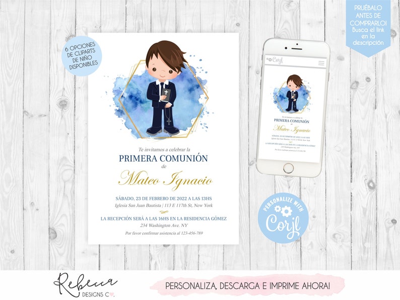 Invitacion de comunion niño azul editable primera comunion invitacion first communion boy in spanish comunion en español digital file 349 image 1