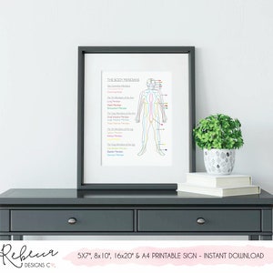 May include: Printable chart of the body meridians with a human figure outlined in black and colored lines showing the meridians. The chart is framed and hanging on a wall above a gray table with a potted plant.