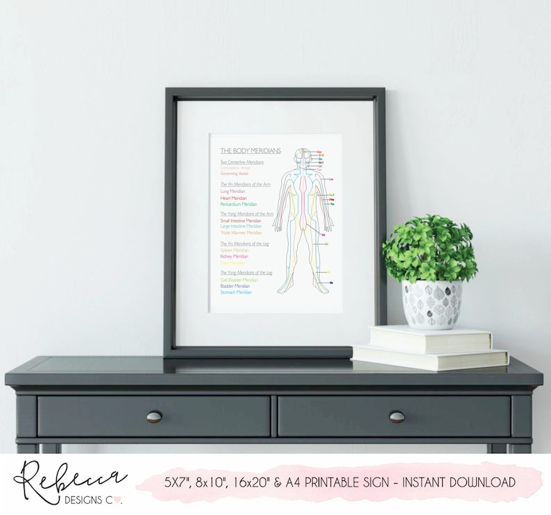 May include: Printable chart of the body meridians with a human figure outlined in black and colored lines showing the meridians. The chart is framed and hanging on a wall above a gray table with a potted plant.