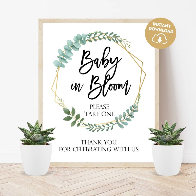 Baby in bloom sign printable succulent favors baby shower sign greenery sign seeds favors sign eucalyptus baby shower plant favors sign 323 image 2