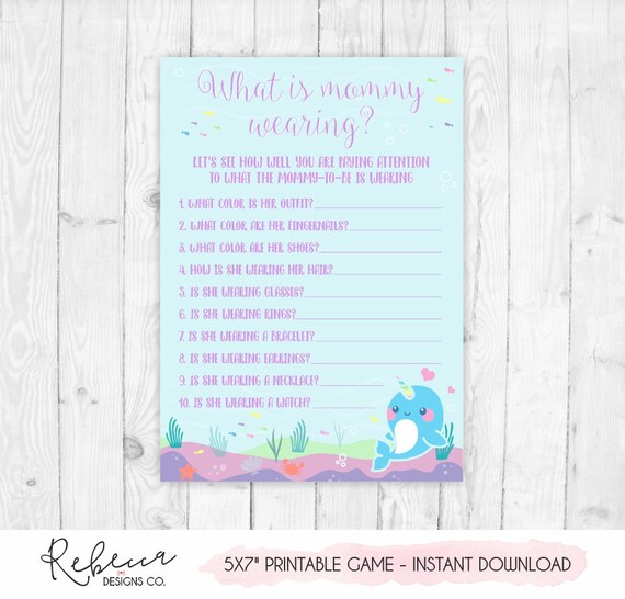 What is mommy wearing game narwhal baby shower game baby shower original game guessing game under the sea game printable narwhal party 304 Il_570xn