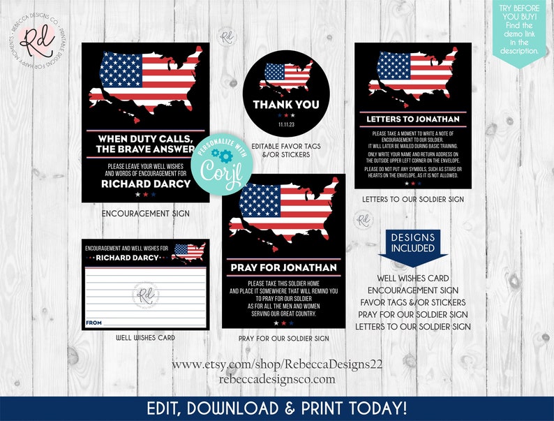 May include: Printable digital download of a set of patriotic designs featuring an American flag, a thank you sign, a well wishes card, an encouragement sign, a pray for our soldier sign, and a letters to our soldier sign. The designs are editable and can be personalized with Corjl.