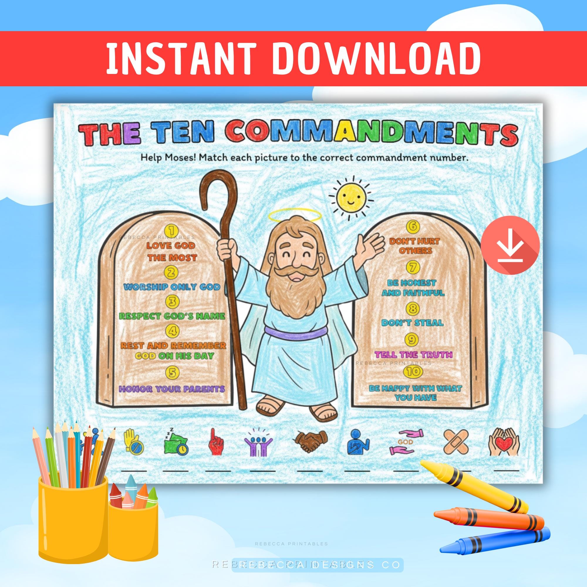 Ten Commandments Activity for Kids Coloring Page Printable Bible Lesson ...