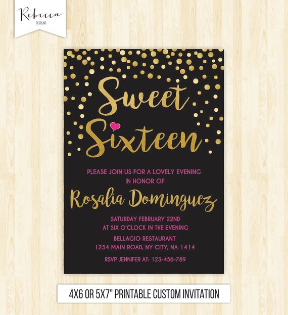 Sweet 16 invitation sweet sixteen invitation 16th birthday invite quinceañera printable invitation pink and gold invite gold confetti 233 Il_570xn