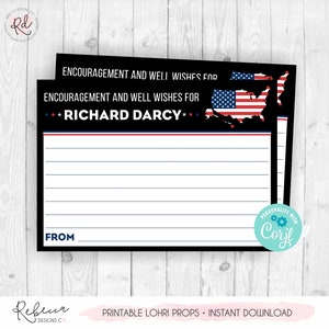 May include: Printable card with a black background and a red, white, and blue American flag design. The card says "Encouragement and Well Wishes for Richard Darcy" and has a space for a message and a "From" line.
