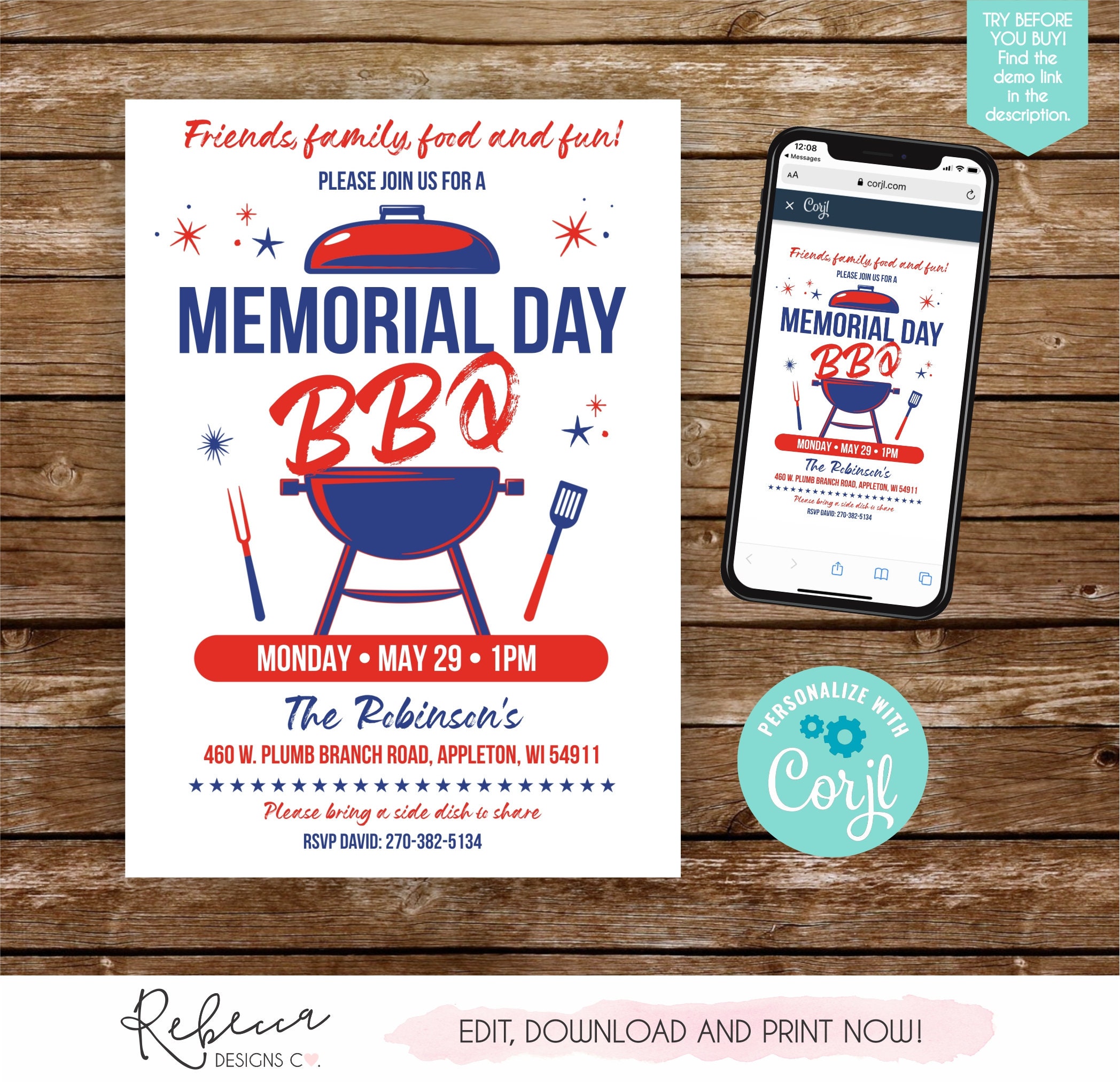 Memorial Day Invitation Printable Memorial Day BBQ Invitation Memorial ...