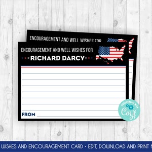 K&ouml;nnte beinhalten: Eine schwarz-wei&szlig;e druckbare Karte mit einem rot-wei&szlig;-blauen amerikanischen Flaggen-Design. Die Karte lautet "Encouragement and Well Wishes for Richard Darcy" und "From".
