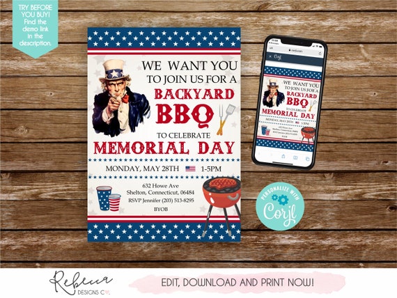Memorial day bbq invitation memorial day invitation printable memorial day party invitation labor day invite memorial day cookout invite Il_570xn