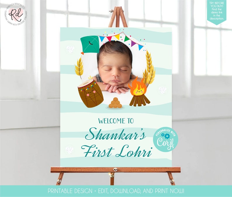 May include: A blue and white printable sign with a photo frame in the centre. The sign says "Welcome to Shankar's First Lohri" and has a colourful illustration of a bonfire, a drum, and a kite. The sign is personalised with "Corjl".