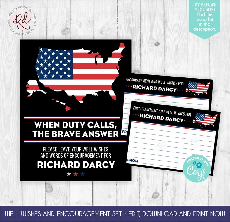 May include: Printable well wishes and encouragement cards featuring a black background with a red, white, and blue American flag design. The text reads "When duty calls, the brave answer. Please leave your well wishes and words of encouragement for Richard Darcy."
