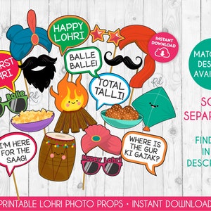 May include: Printable photo booth props for a Lohri celebration. The props feature colourful illustrations of traditional Indian symbols, including a bonfire, a turban, a kite, and a dhol drum. The text on the props includes phrases like "Happy Lohri", "Balle Balle", and "Total Talli".