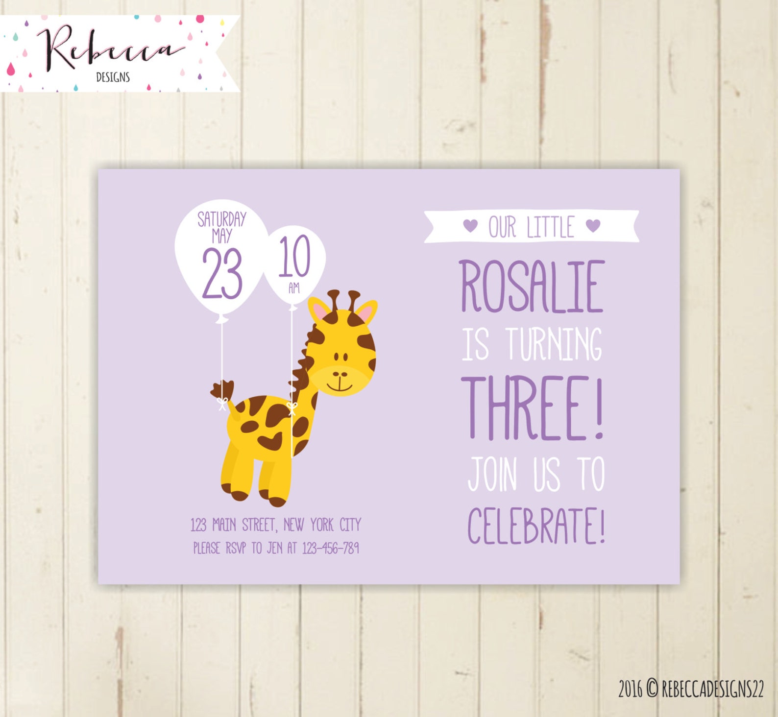 Giraffe Birthday Invitation Zoo Invitation Lavender Invitation Etsy