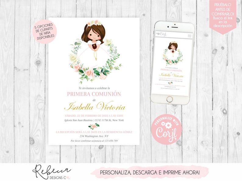 Invitacion de comunion niña imprimible fiesta primera comunion nina invitacion rosa first communion girl in spanish comunion en español image 2