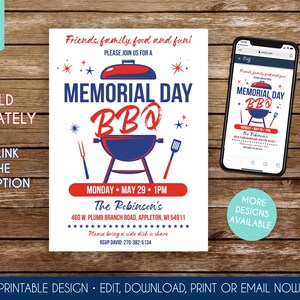 May include: A Memorial Day BBQ invitation design with red, white, and blue elements. The invitation includes the text "Friends, family, food and fun!" and details for the event, including the date, time, and location. A smartphone displays the invitation.