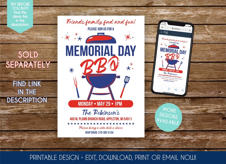 May include: A Memorial Day BBQ invitation design with red, white, and blue elements. The invitation includes the text "Friends, family, food and fun!" and details for the event, including the date, time, and location. A smartphone displays the invitation.