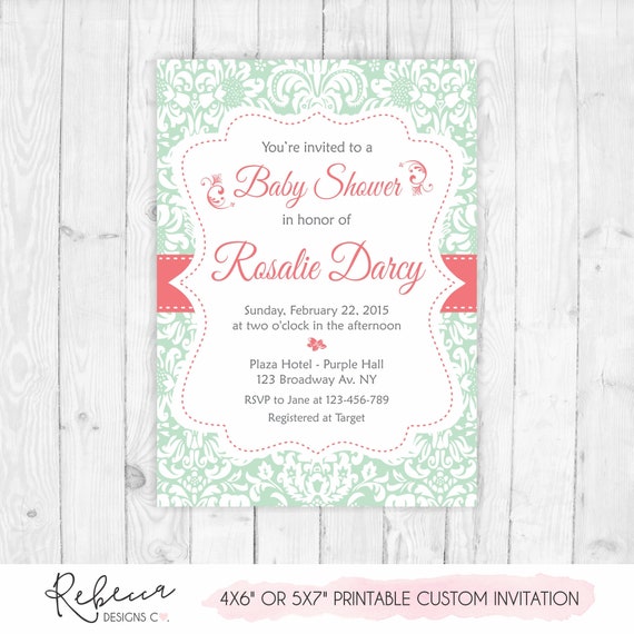 personalized custom 5x7 Mint Teal Coral Gray Rose Tea Party Birthday or Baby Shower PRINTED invitation with envelopes