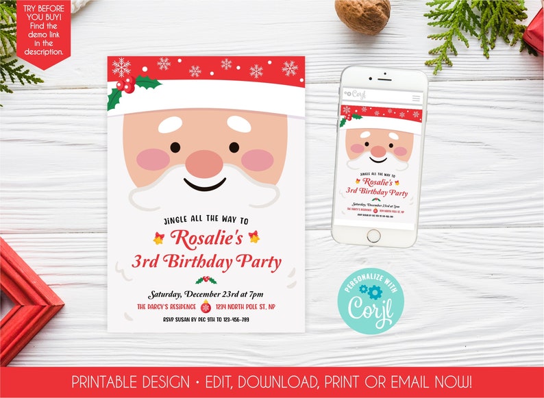 Christmas Santa Invitation Template Christmas Invite For Kids Christmas Birthday Party Photo With Santa Flyer Cookies Santa Event Invite 135 image 1