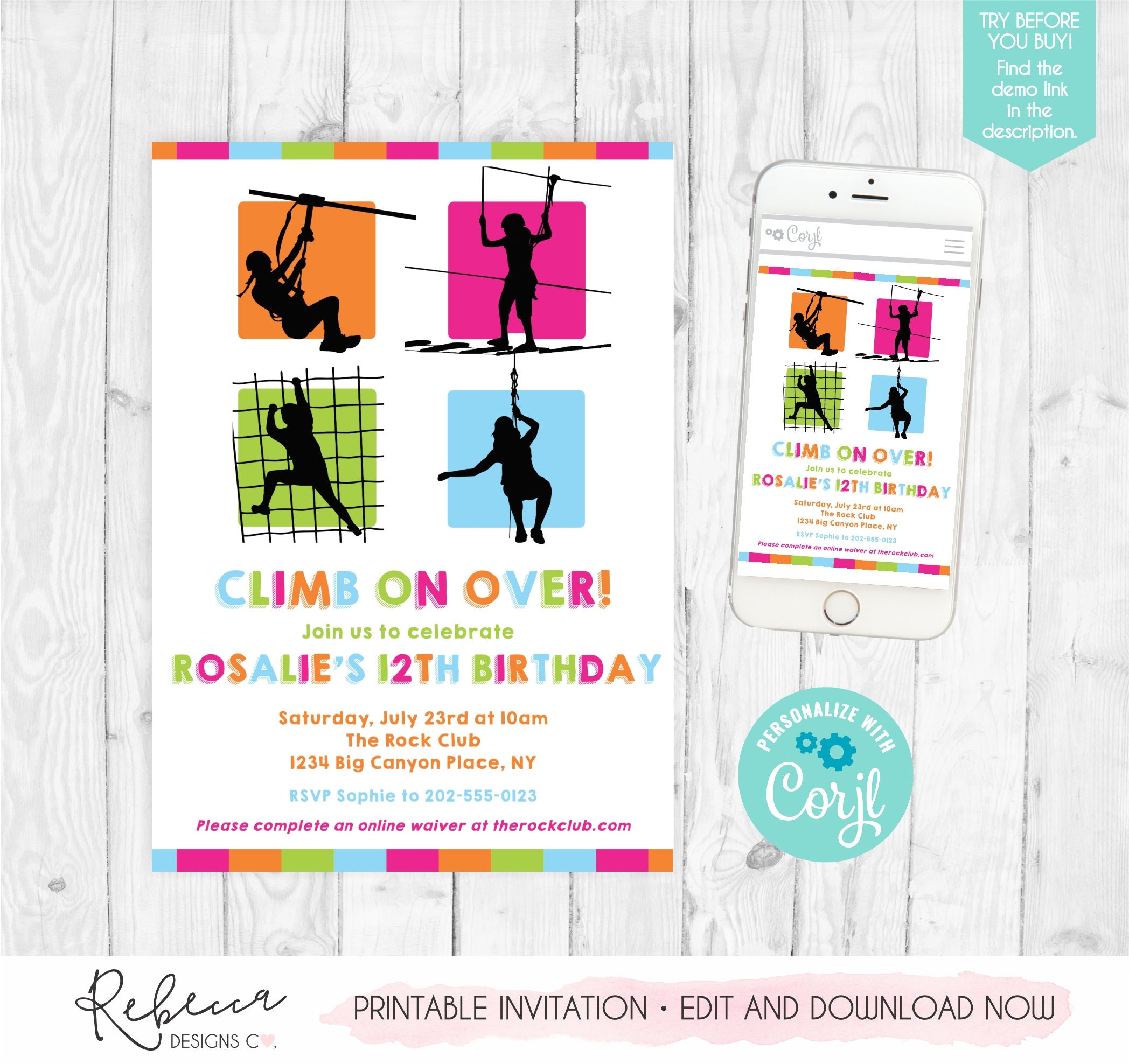 Ropes Course Invitation Obstacle Course Birthday Girl Zipline ...