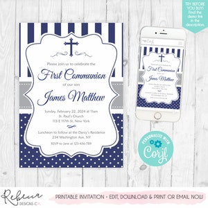 Boy First Communion Invitation First Communion Invite Navy Blue Invitation Boy Communion Invitation Baptism Invitation Printable 178 image 2